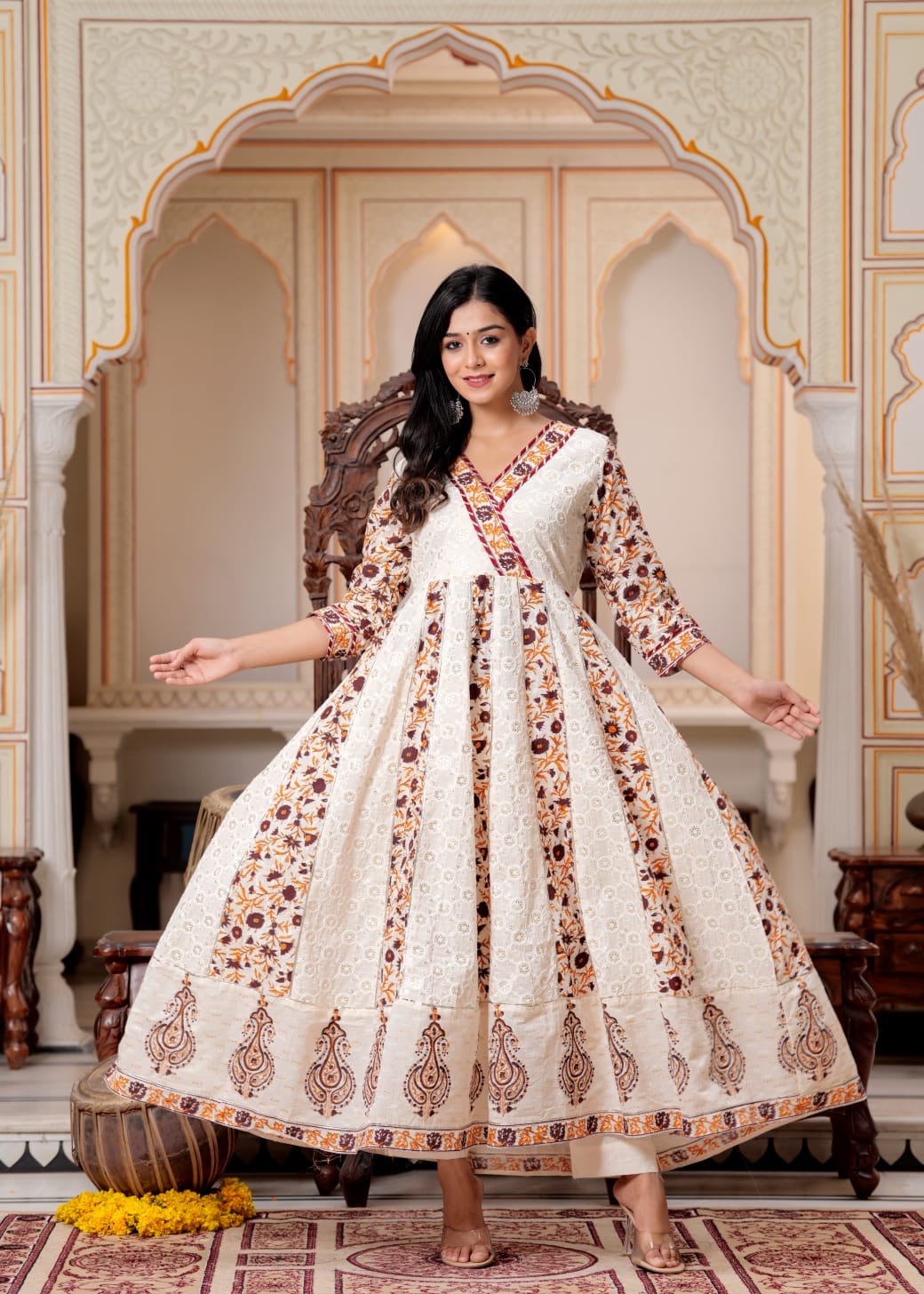 Beautiful Prited Chikankari agrakha anarkali Heavy Flair Designer Set