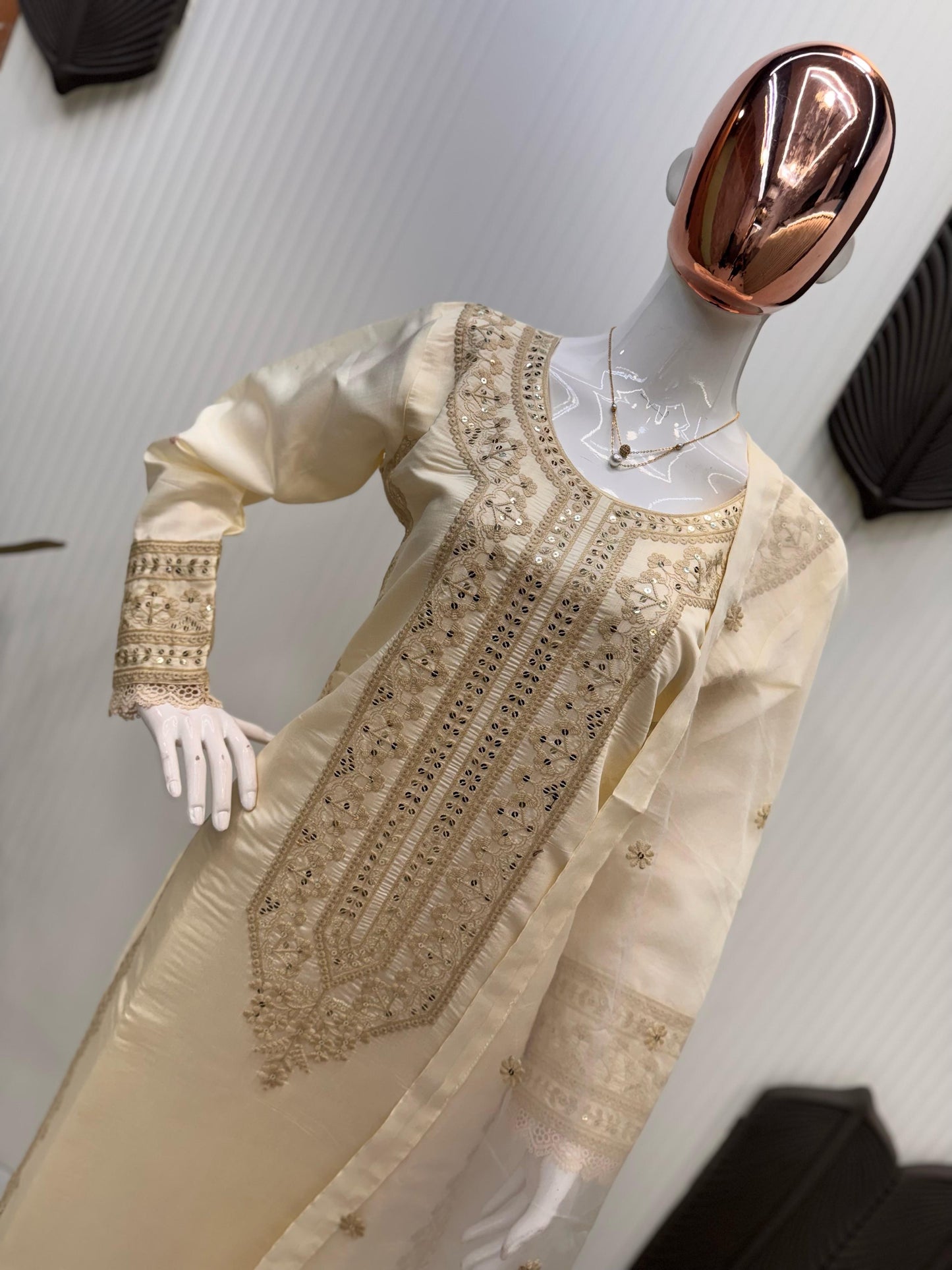 DESIRABLE FANCY ROMAN SILK SEQUENCE EMBROIDERED COTTON WORK TOP AND PENT WITH DUPATTA