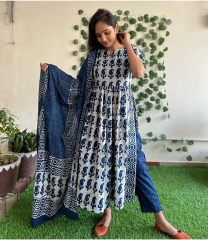 Cotton Printed Kurta & Pant with Mulmul Printed Dupatta