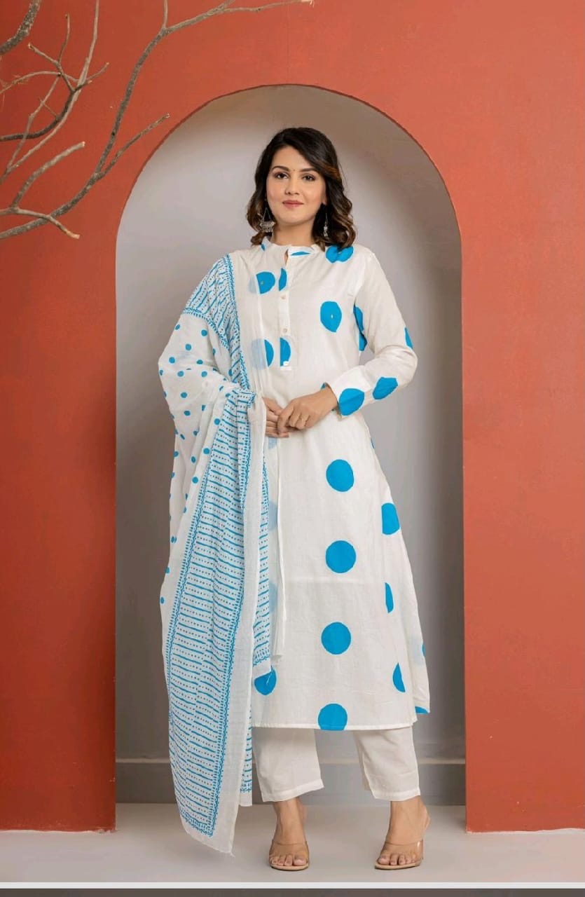 Trending Polka Dot Kali Style Pure Mulmul Cotton Dupatta set