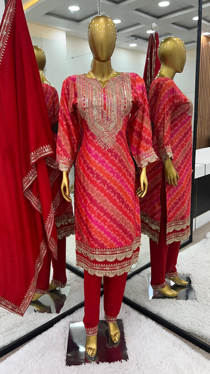 Chinnon With Heavy Embroidery Sequence Work With Beautiful Digital Print with Full Sleeve Set