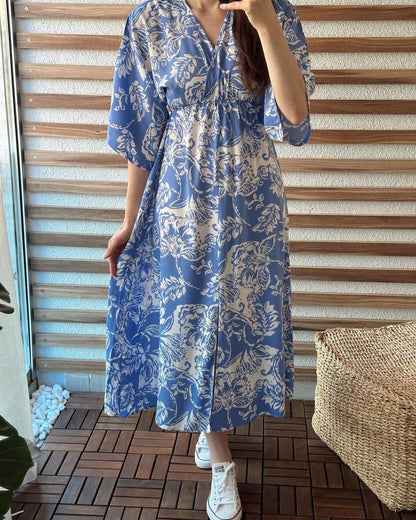 Beautiful Blue Printed Cotton Middi with V-neck Gown Dress