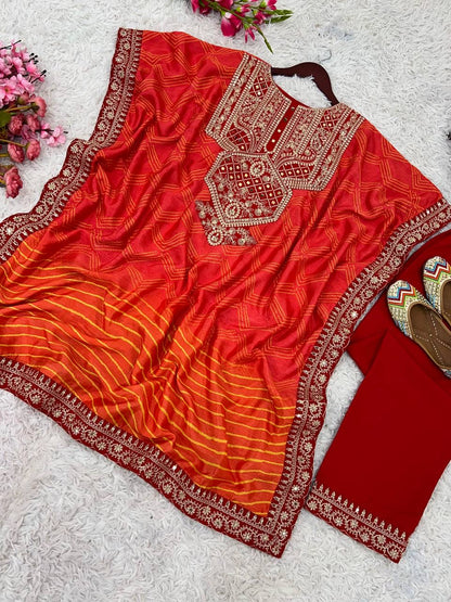 Pure Chinnon With Embroidery Coding Dori-Sequence Work Kaftan Set