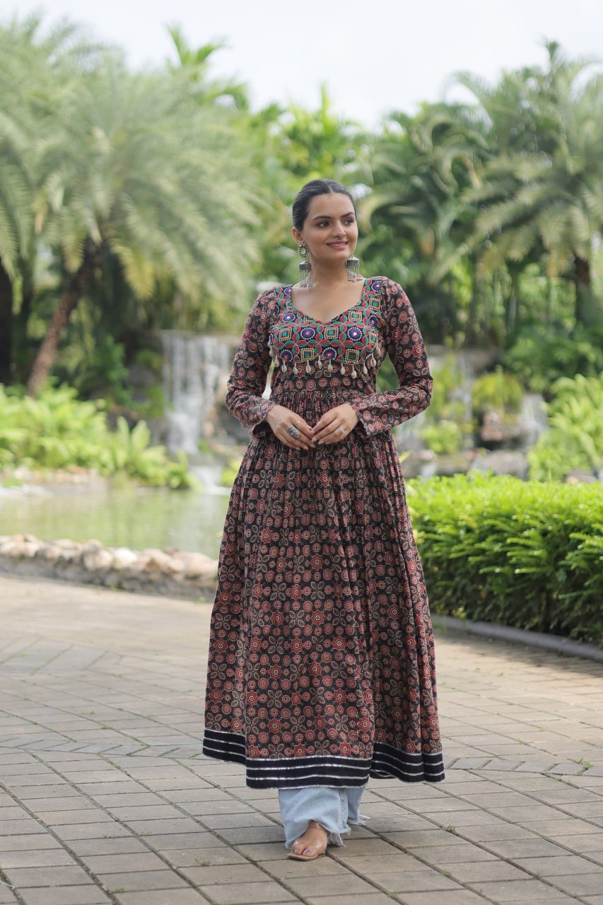 Designer Printed Kurti Made from Heavy Printed Cotton with Kutchi Gamthi Lace and Kodi Work