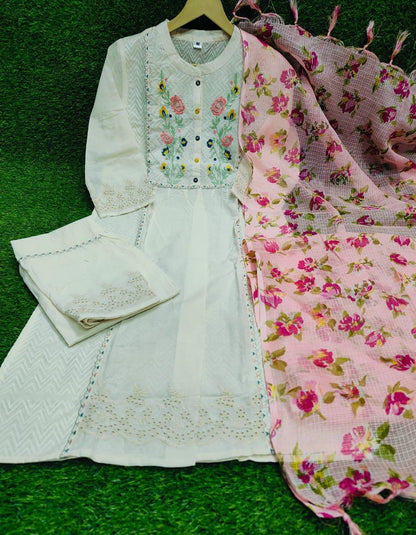 Cotton Embroidered Kurta with Pant and Dupatta