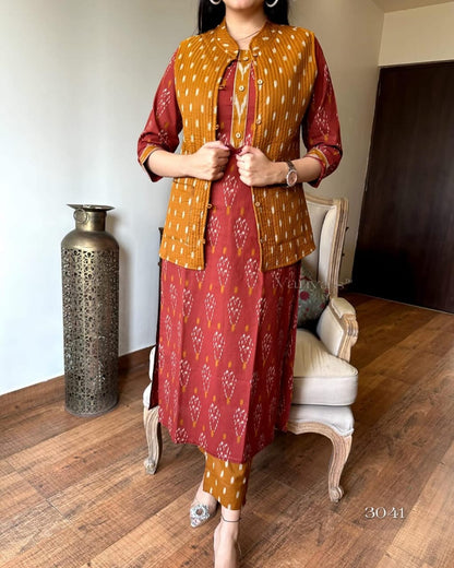 Winter Collection Of Cotton Procin Print Kurti Pant Set With Quilted Cotton Jacket