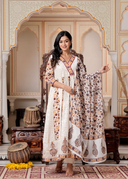 Beautiful Prited Chikankari agrakha anarkali Heavy Flair Designer Set