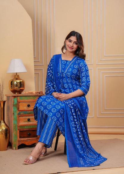 Beautiful Indigo Print Kurti with Matching Pant and Dupatta Set