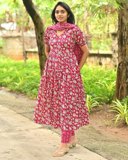 The Perfect bBlend of Cotton and Festive Flair with Vedika Pen Kalamkari Print Anarkali Set