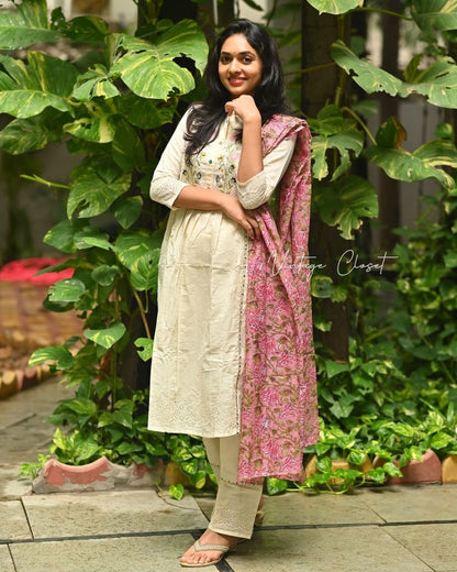 Cotton Embroidered Kurta with Pant and Dupatta