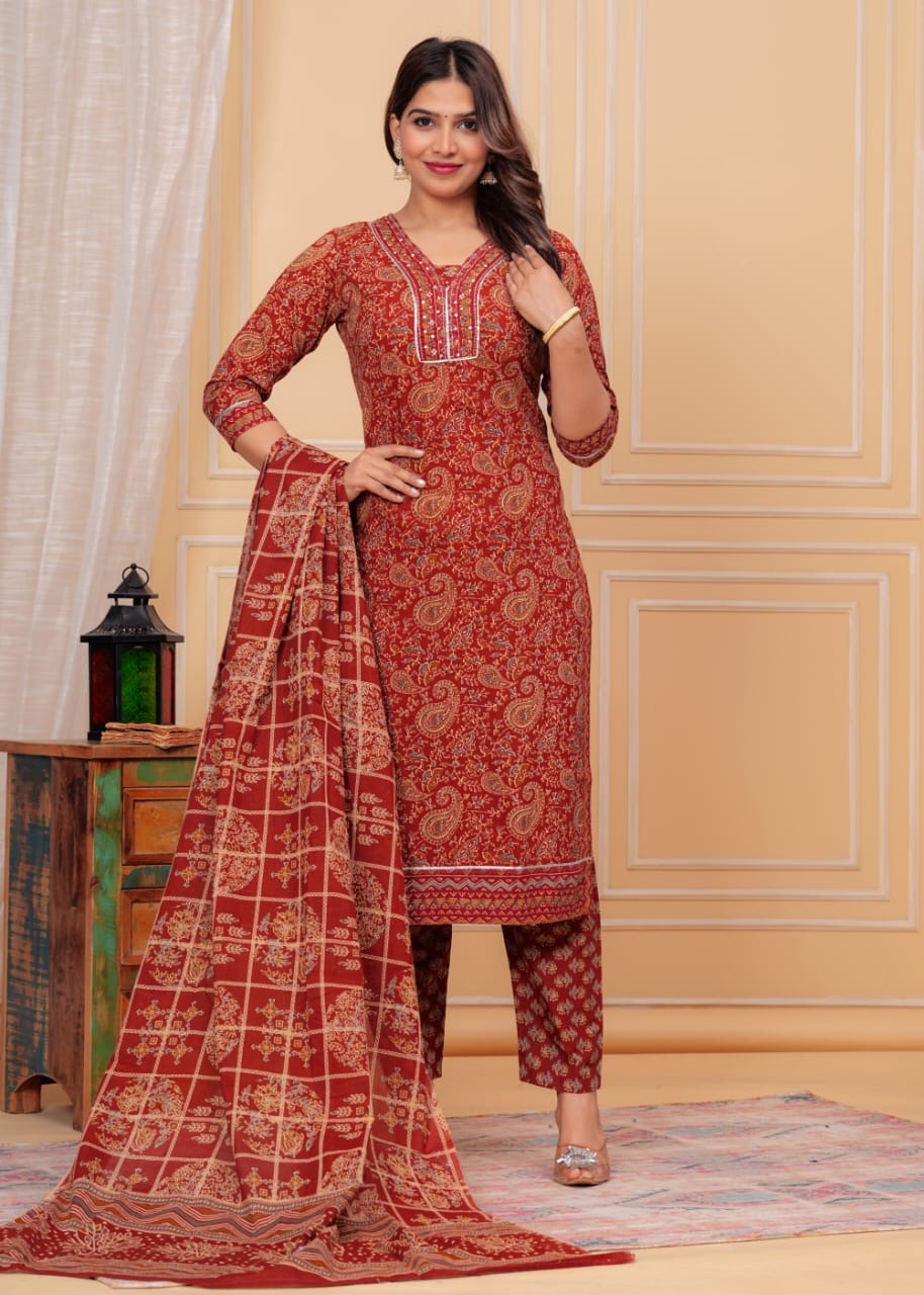 Beautiful Straight Pattern Kurti with Beautiful Hand Work on Neck 
& Hand Threads Work