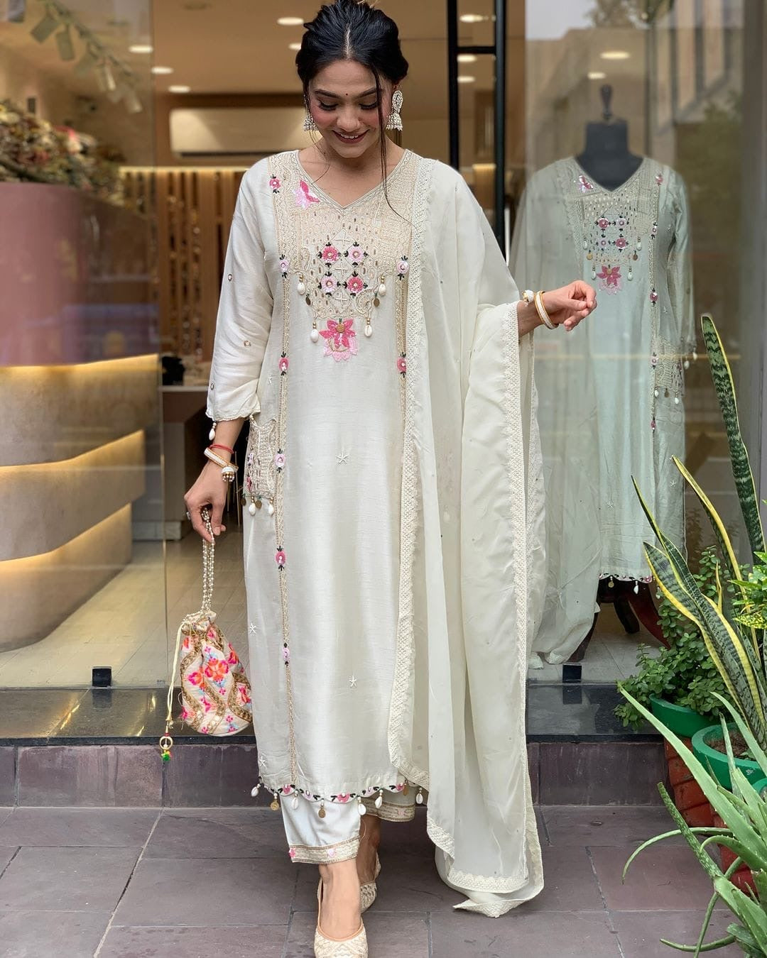 BEAUTIFUL RAYON KURTI FRONT EMBROIDERY WORK & PANT SET