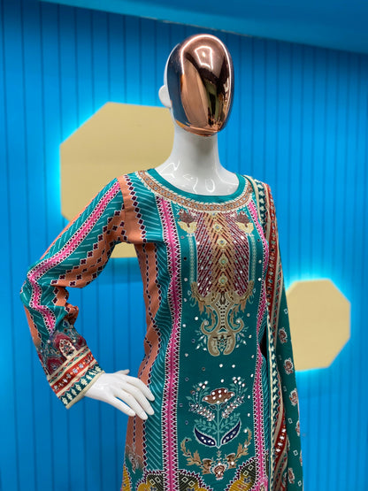 MASLIN PRINTED WITH REAL MIRROR WORK TOP AND SARARA WITH PRINTED DUPATTA