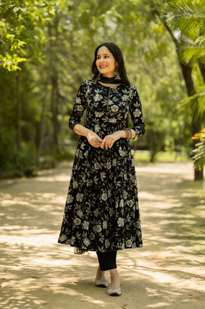 Cotton Floral Black Printed Anarkali Suit Set