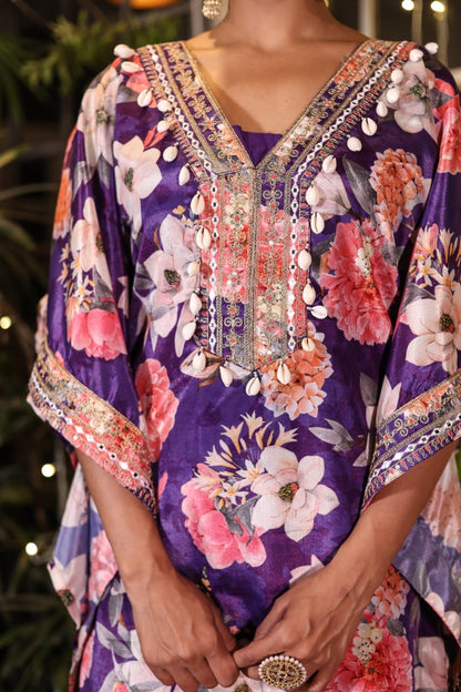 Pure Chinon fabric kaftan with tulip pant Embroidery Handwork & Lace Detailing