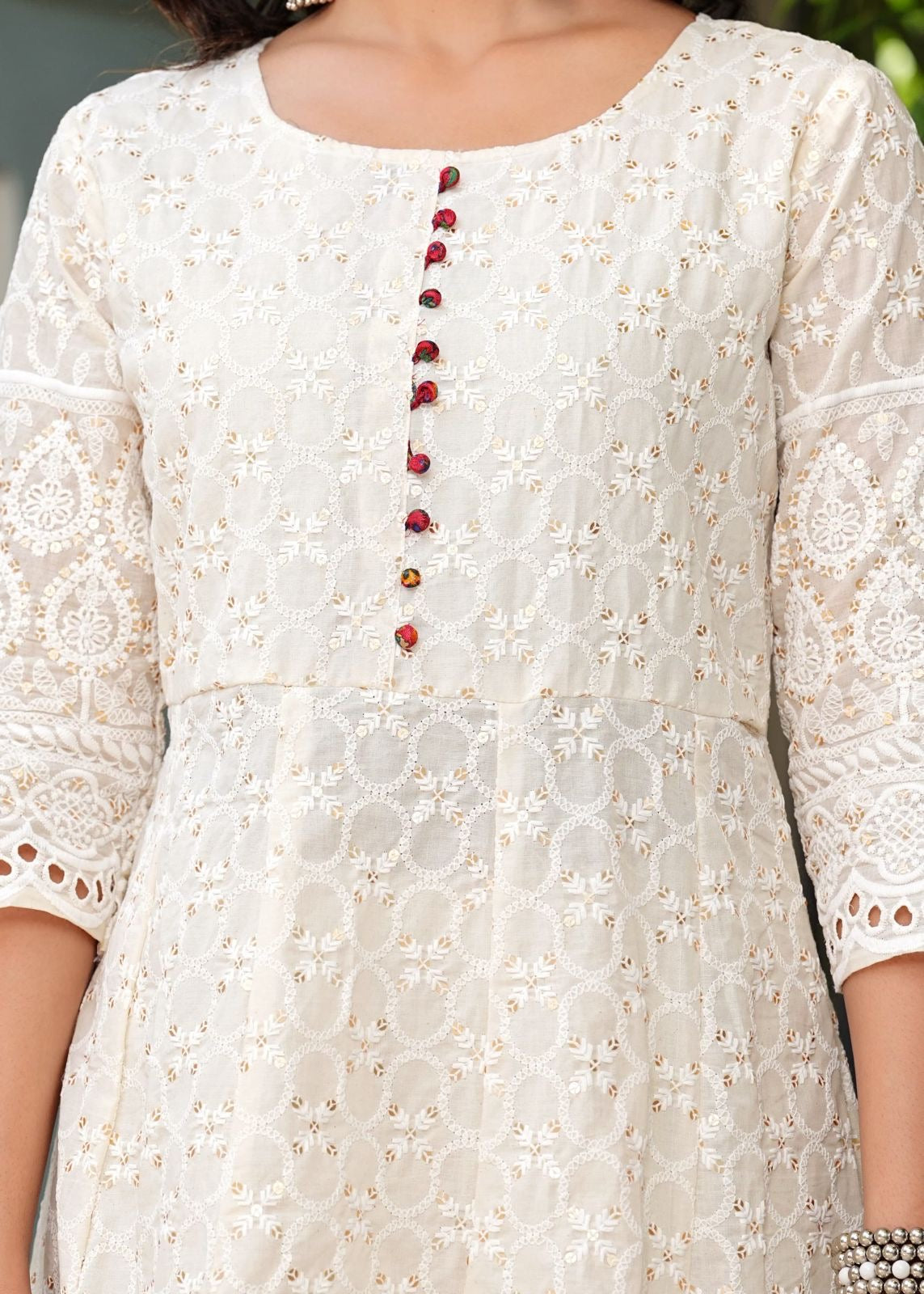 Pure Chikankari Anarkali Kurti With Pant & Silk Chanderi Digital Print Dupatta Set