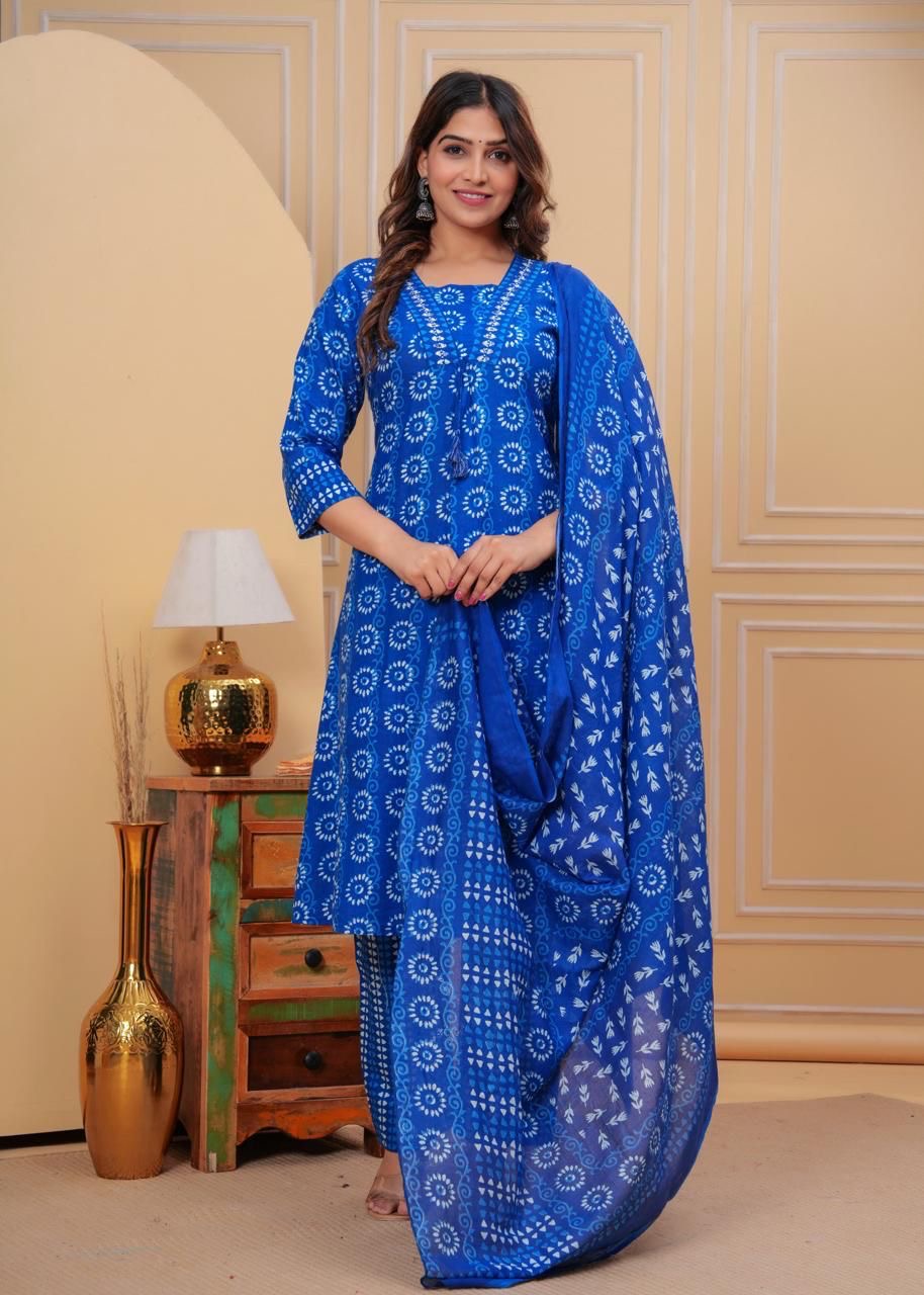 Beautiful Indigo Print Kurti with Matching Pant and Dupatta Set