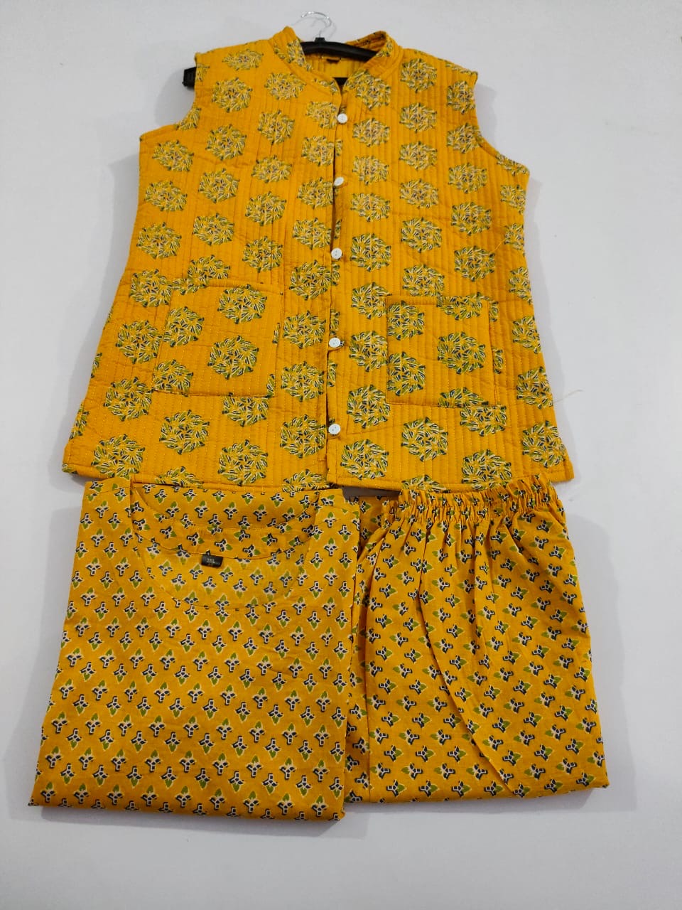 Winter Collection Of Cotton Procin Print Kurti Pant Set With Quilted Cotton Jacket