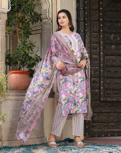 White Floral Suit Set Decorated With Finest Self Print Work and Motifs