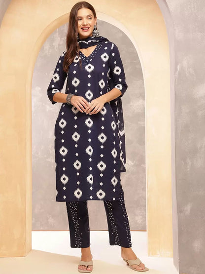 Look Beautiful In New Blue Printed Suit set Cotton Dupatta Pant Set