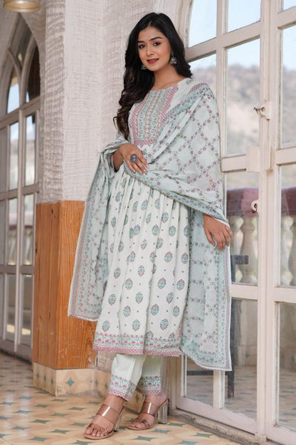 HAND WORK AND EMBORDING NYRA CUT KURTI PANT MALMAL DUPATTA