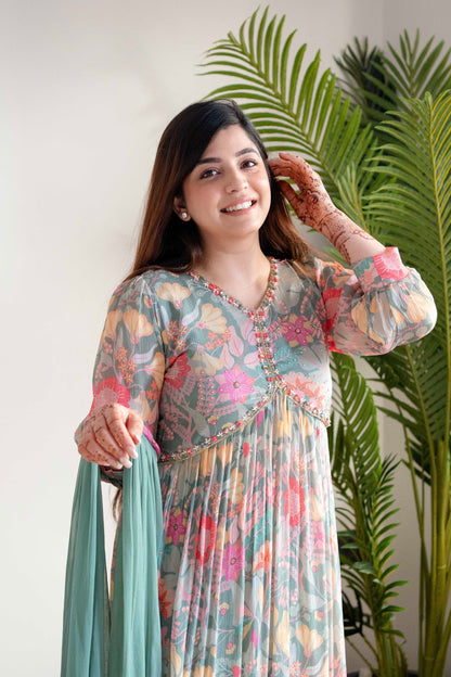 Mehera Green Floral Alia Cut Suit Set