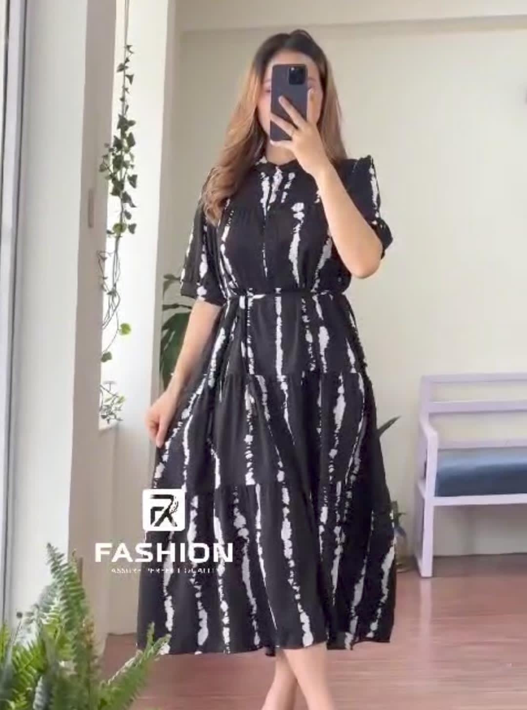 Beautiful Black Printed Cotton Middi With Heart Neck Gown Dress