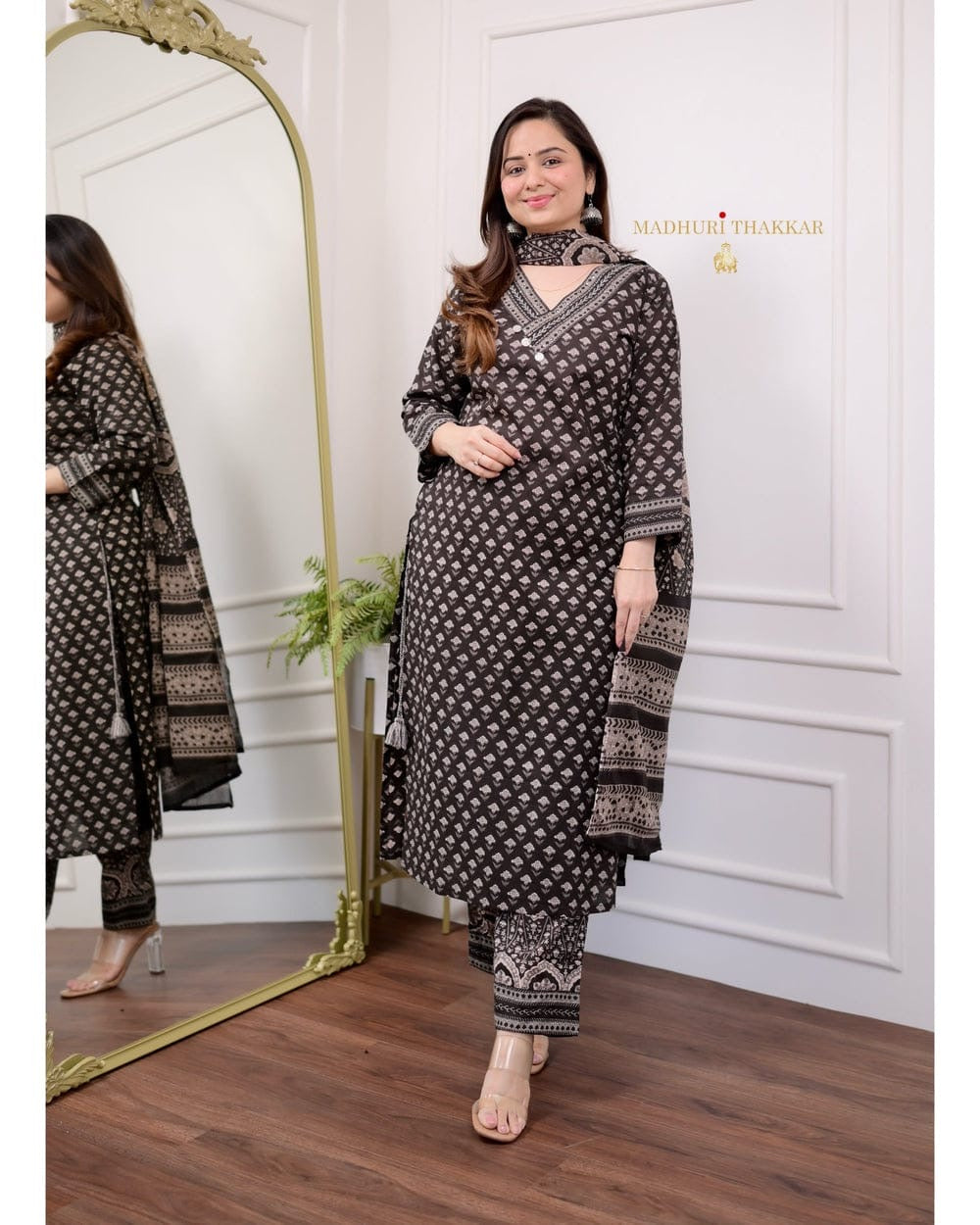 Premium Heavy Cotton Full Printer Dress With Printed Pant Border Handwork