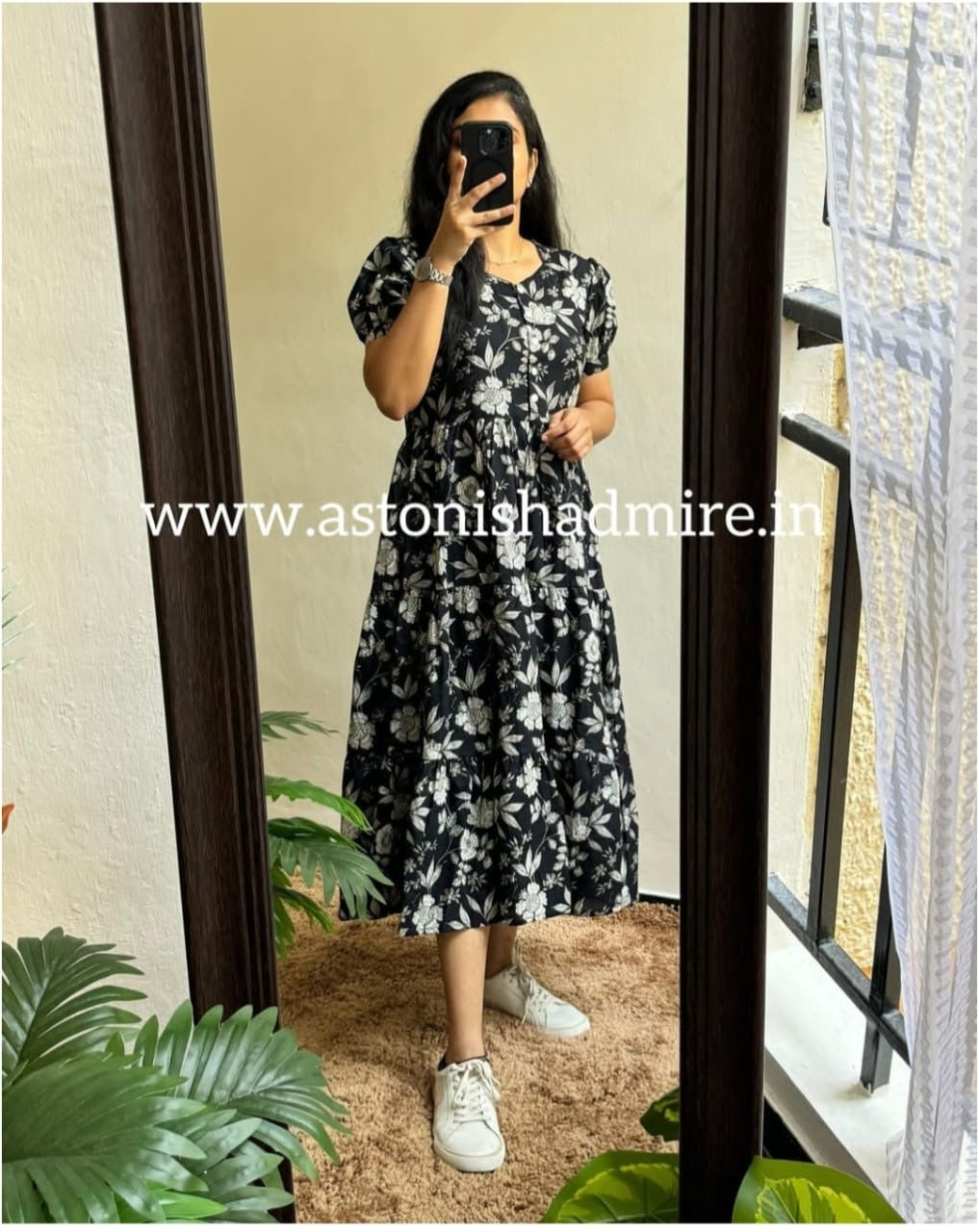 Beautiful Printed Lotus Flower Cotton Middi Gown Dress