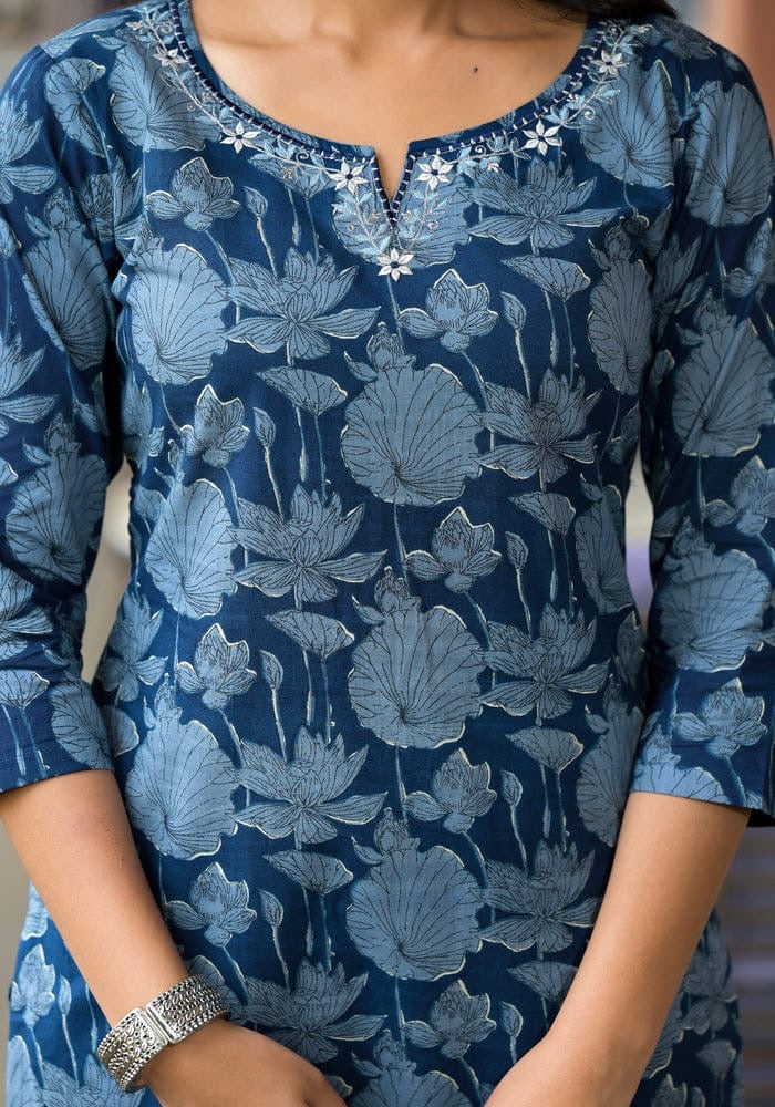 Premium Indigo Cotton Kurtis With Heavy Embroidery Work On Neck with Pant & Full Cotton Dupatta