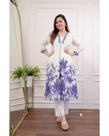 Hand Block Print Long Slit Cotton A-line Kurta Pant