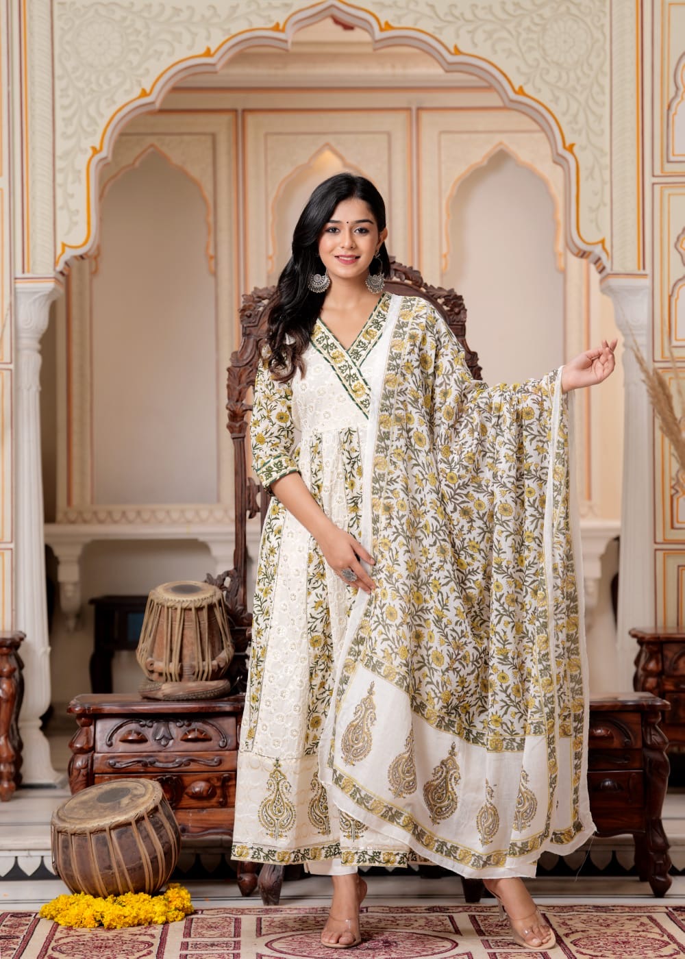 Beautiful Prited Chikankari agrakha anarkali Heavy Flair Designer Set