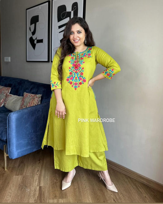 Beautiful Lemon Green Kurti With Intricate Thread Aari Work