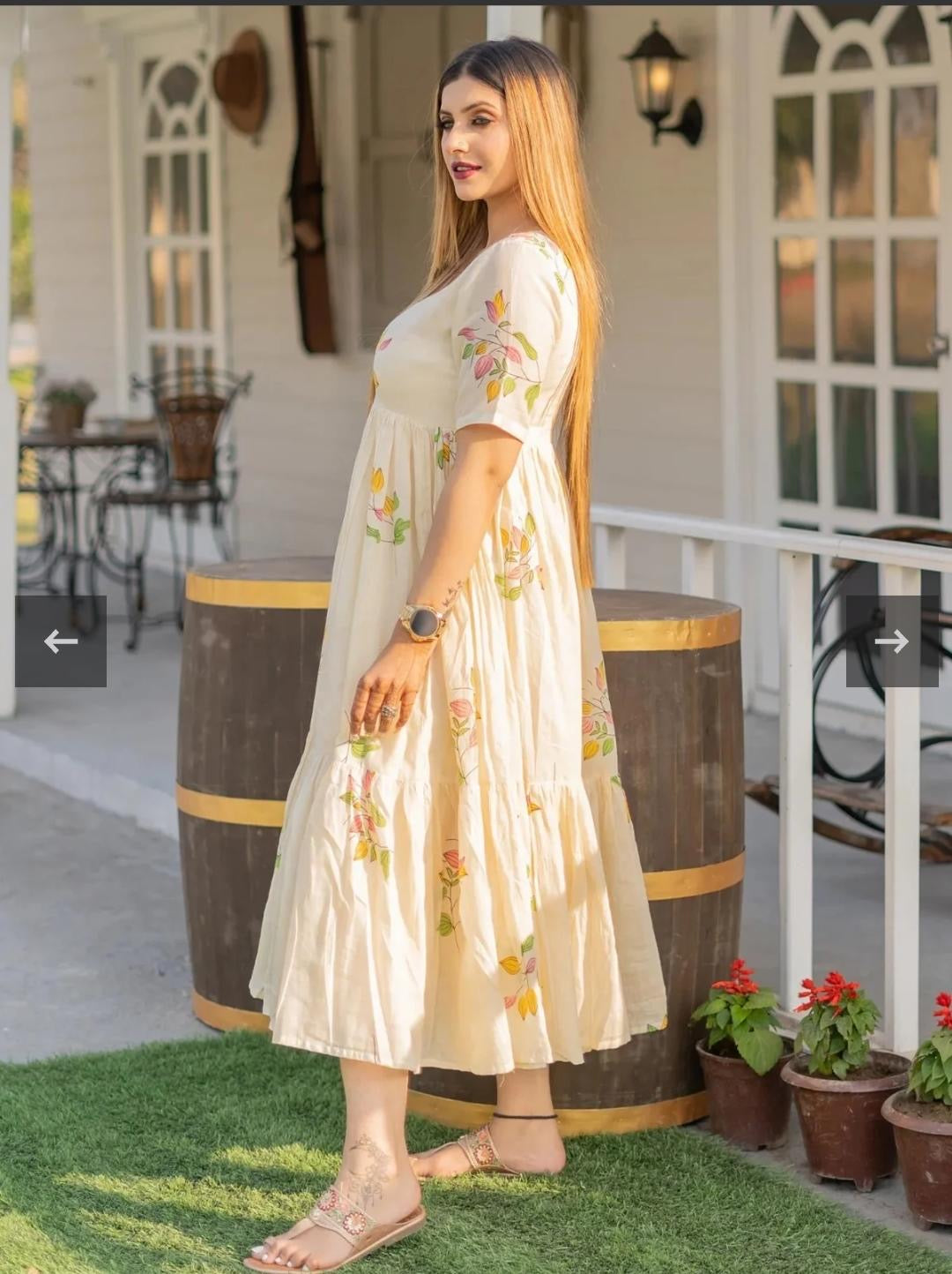 Beautiful Flower Print Cotton Full Flair Middy Gown