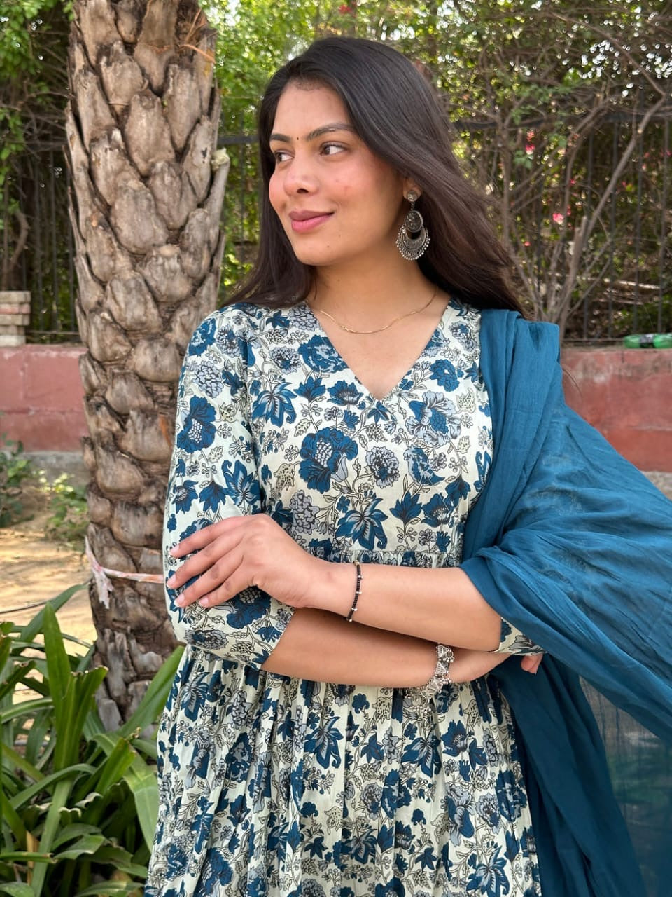 Jaipuri Hand Block Print Anarkali Angrakha Style kurti, Pant with Mulmul Dupatta