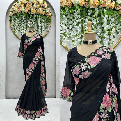 Faux Georgette Febric With Thred Work Deginer Saree