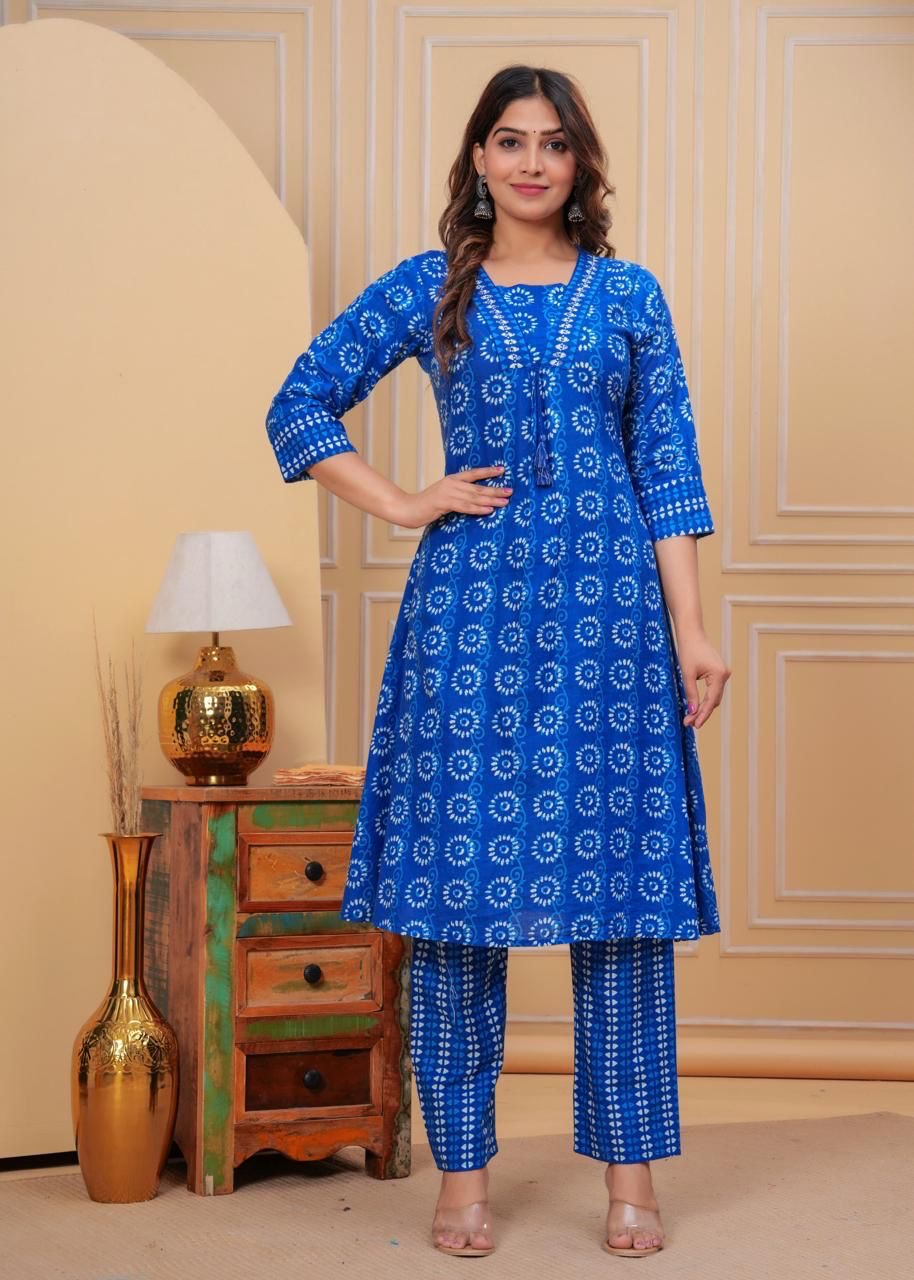 Beautiful Indigo Print Kurti with Matching Pant and Dupatta Set