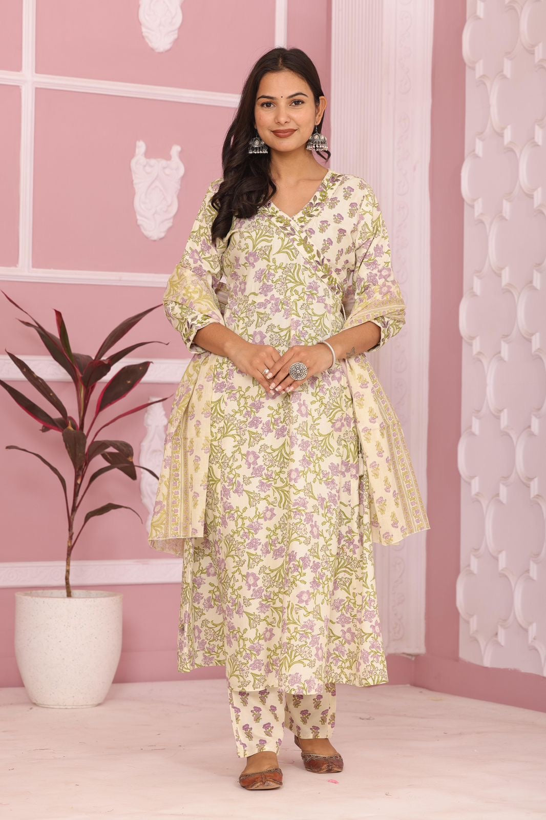 New Angrakha Kurta Set with New Style in Fower  Print