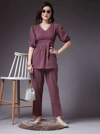 Katha Woven Cotton Top and Pant with Embroidery on Neckline