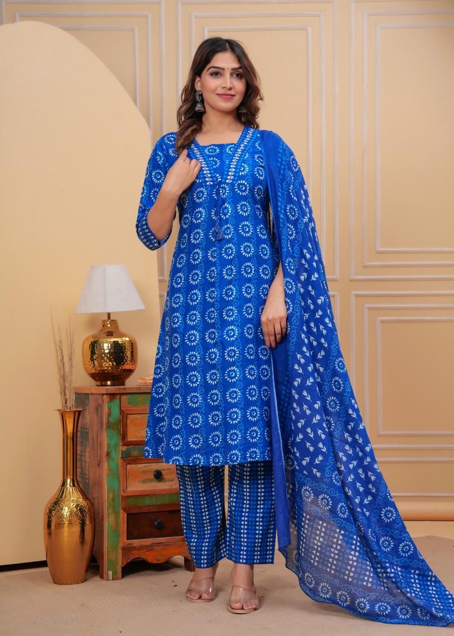 Beautiful Indigo Print Kurti with Matching Pant and Dupatta Set