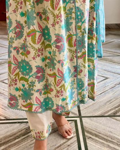 FULL COTTON PRINT HAND WORK AND LESS WORK STRAIGHT KURTI PANT MALMAL DUPATTA