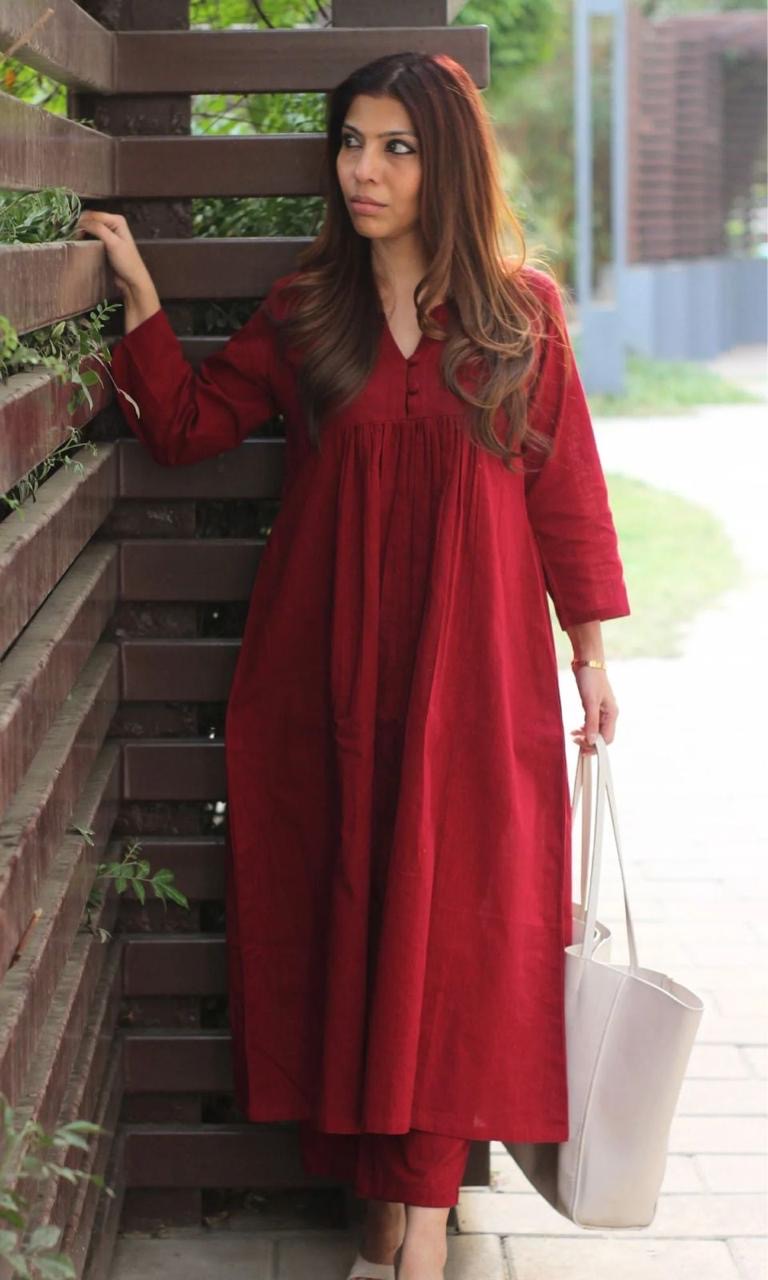 Cotton Pleated Buttoned Maroon Co-ord Set