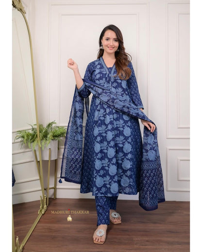 Floral Motif Printed Cotton Kurta & Pleated Salwar Set