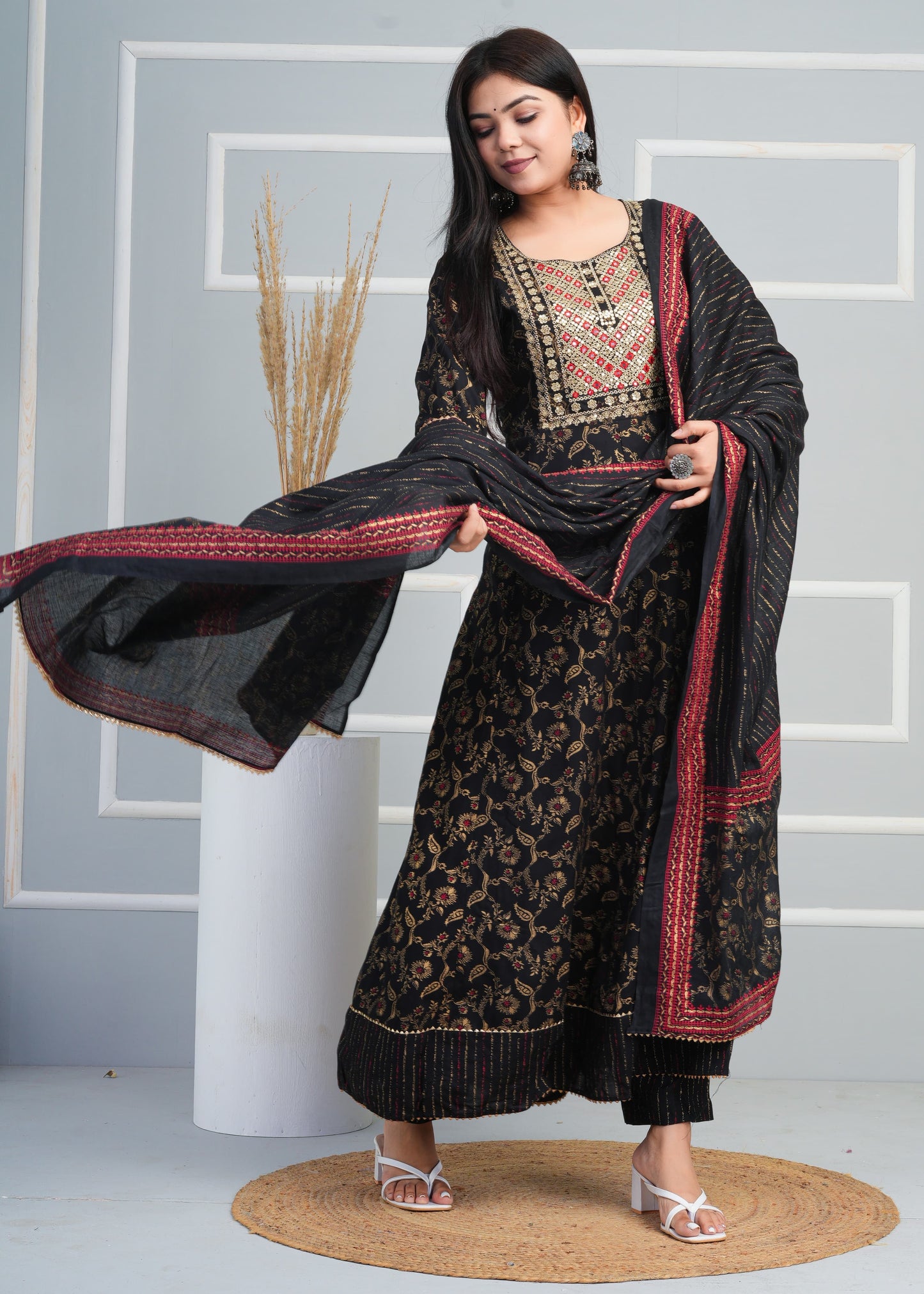 Beautiful Rayon Fabric Printed Anarkali Long Kurti With Pant & Printed Dupatta