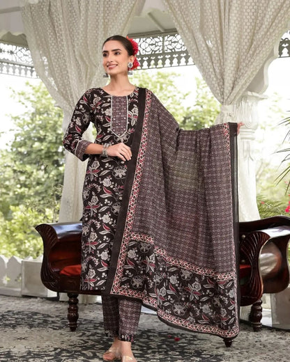 Floral Printed Cotton Kurta With Pants & Dupatta