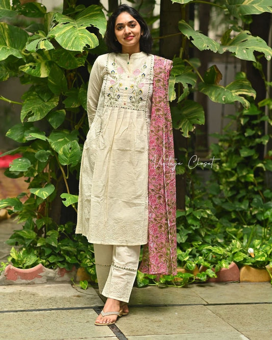 Cotton Embroidered Kurta with Pant and Dupatta