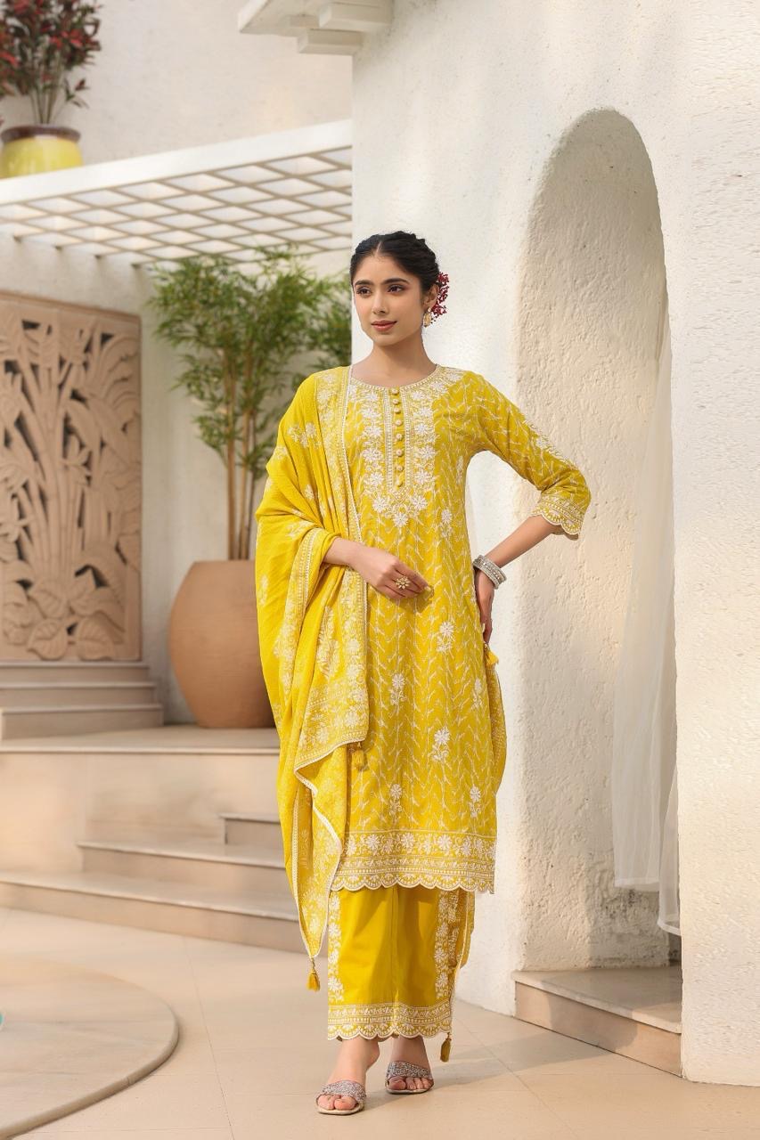 Heavy Pure Cotton Embroidery & Discharge Print Suit Set