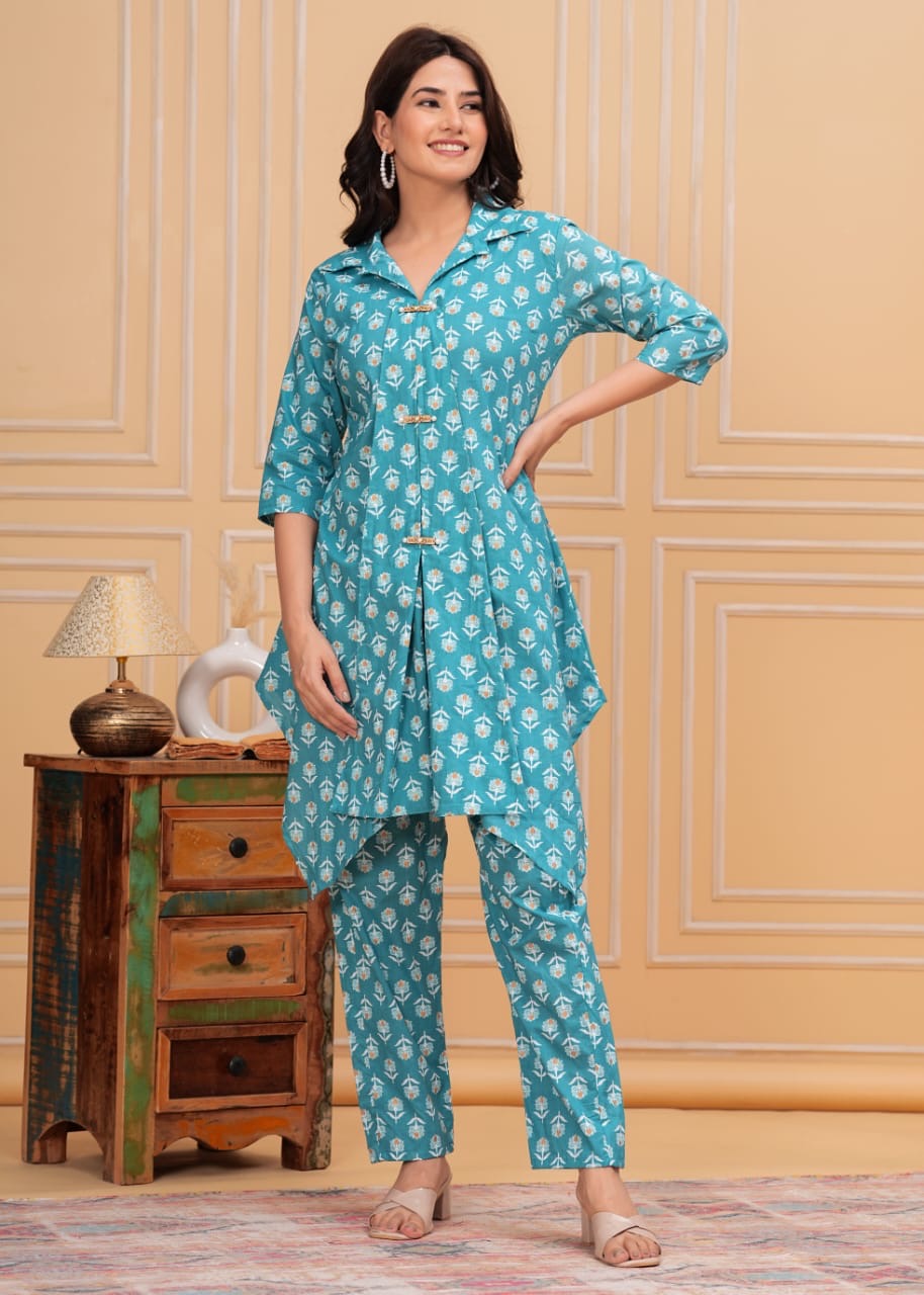 Cotton Party Wear Collar Tie Pattern Co-ord Set