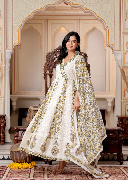 Beautiful Prited Chikankari agrakha anarkali Heavy Flair Designer Set