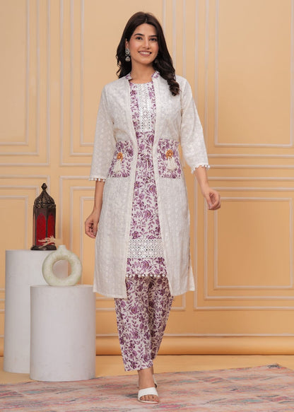 COTTON STRAIGHT CO-ORD SET WITH BEAUTIFUL SHIFLLY JACKET